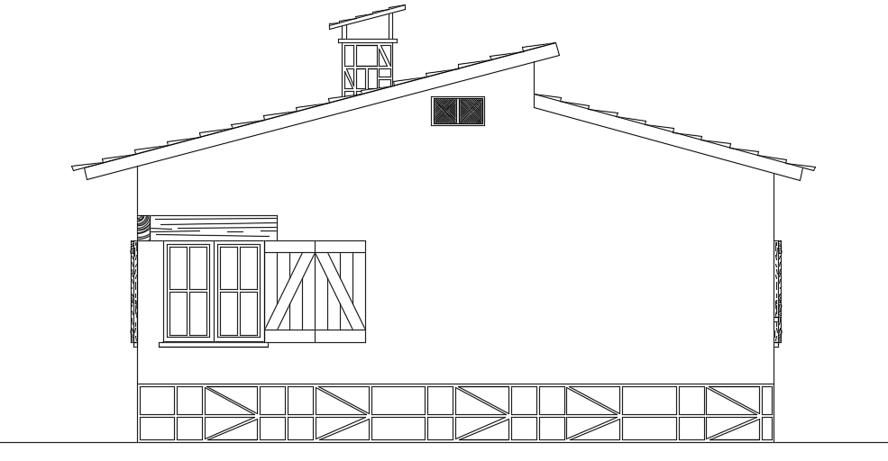 The back side elevation view of the 8x11m house building