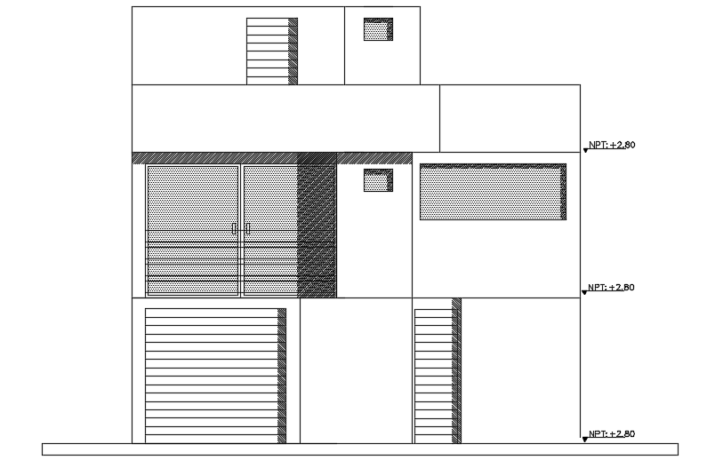 The back side elevation view of the 8x15m architecture 3 story house building cad drawing