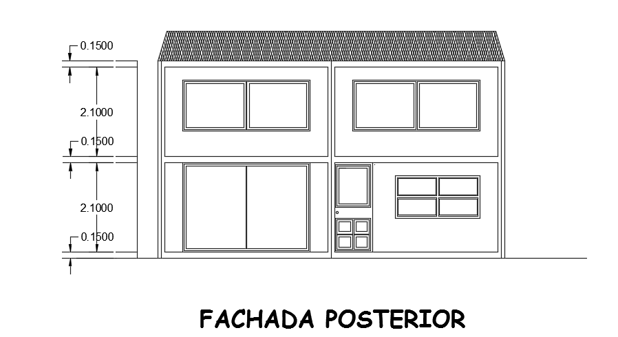 The back side elevation view of the 8x16m two story house building with 3bhk cad drawing
