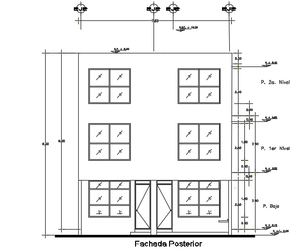 The back side elevation view of the 8x18m house building