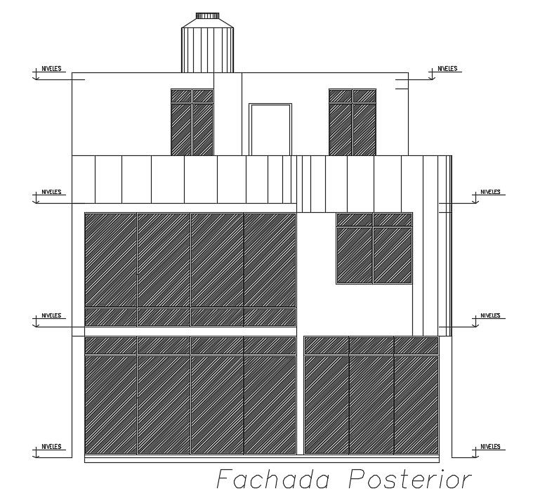 The back side elevation view of the 8x30m house building has been given in this AutoCAD drawing model.