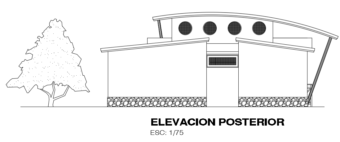 The back side elevation view of the 8x7m architecture 2bhk house building 2d AutoCAD drawing