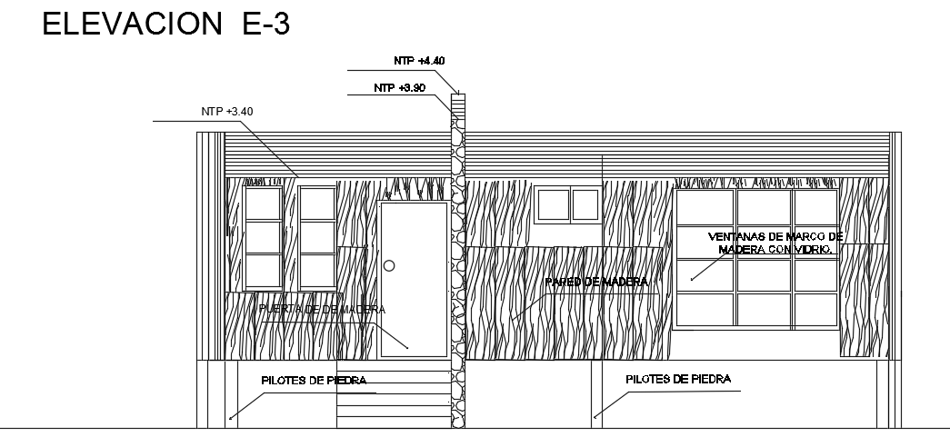 Back Elevation CAD Drawing for 8x7m Single-Story House