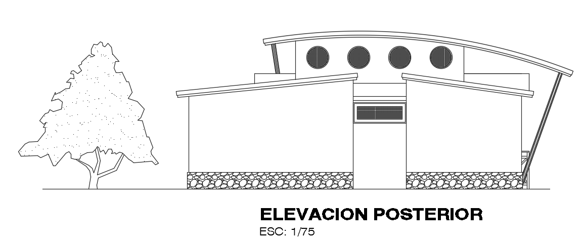 The back side elevation view of the 8x8m 2bhk house building drawing