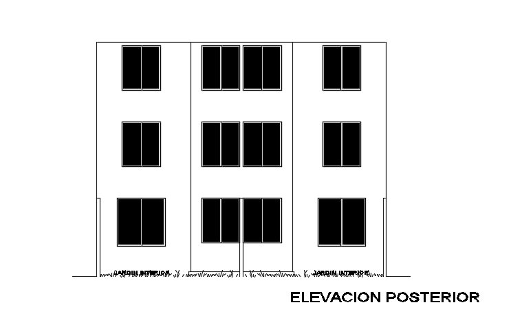 The back side elevation view of the9X15m three story duplex house building