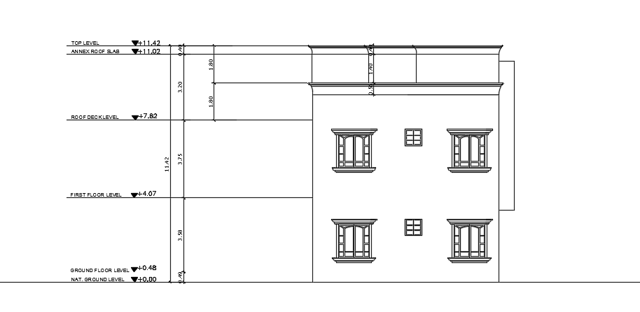 The back side elevation view of the 9x23m architecture house building cad drawing