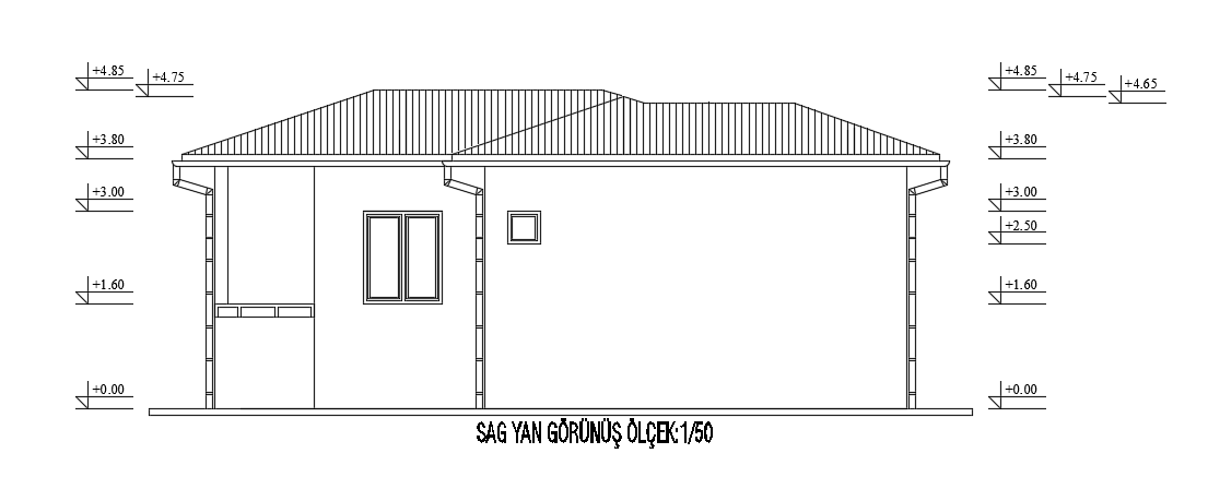 The back side elevation view of the 9x7m bungalow house building