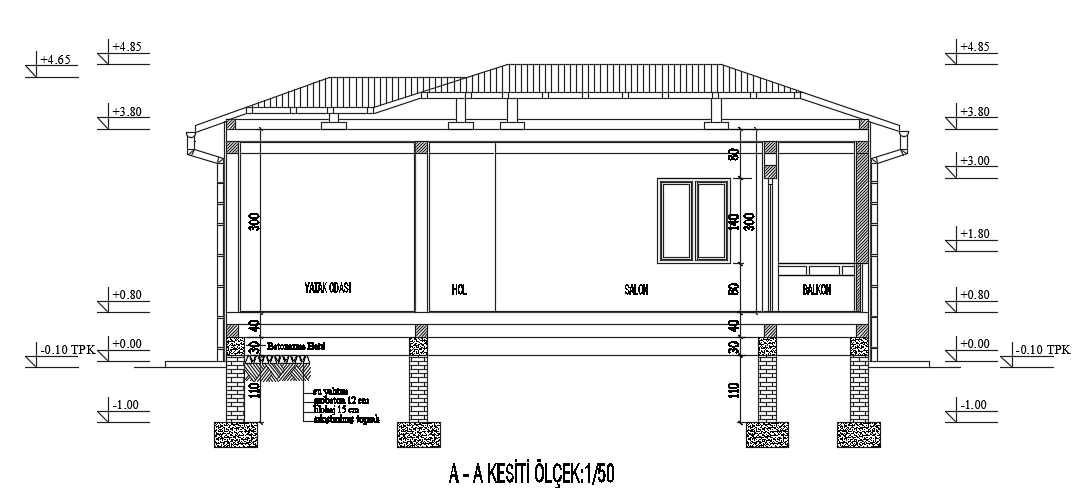 The back side elevation view of the 9x7m bungalow house building drawing