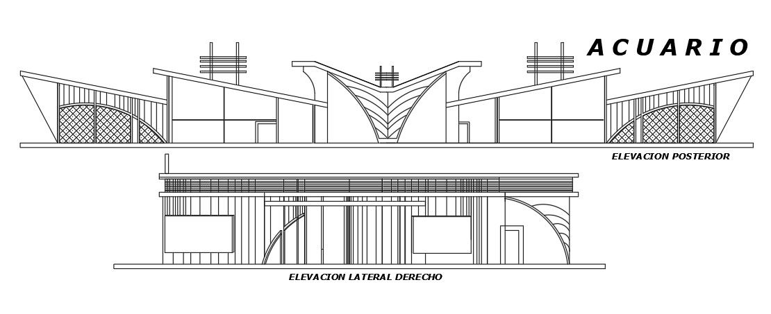 The back side elevation view of the Aquarium architectural first floor plan is given in this AutoCAD drawing model. Download now.