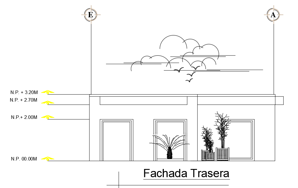 Backside Fachada of 9x4m House AutoCAD 2D Drawing with Garden