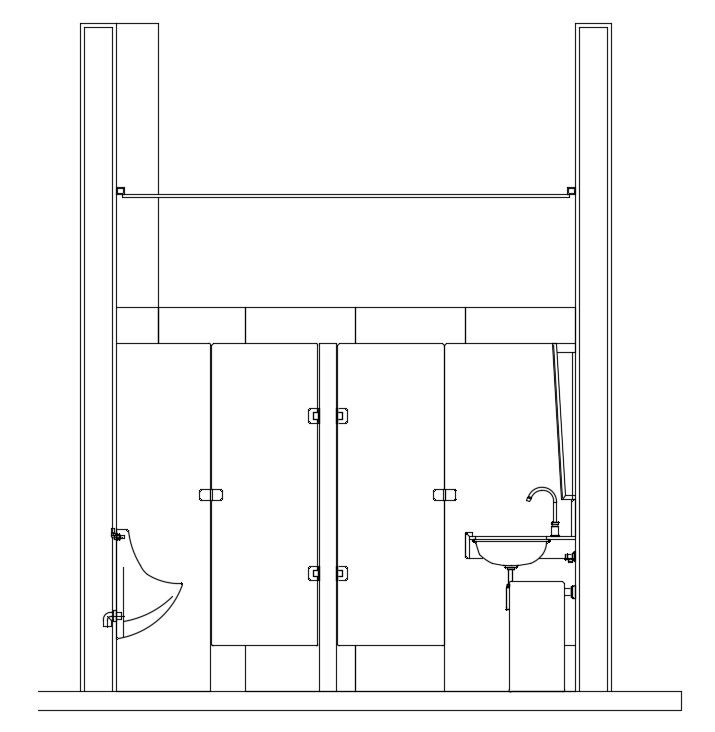 The back side interior section view of the 9x8m office toilet building is given in this AutoCAD drawing model. Download now.