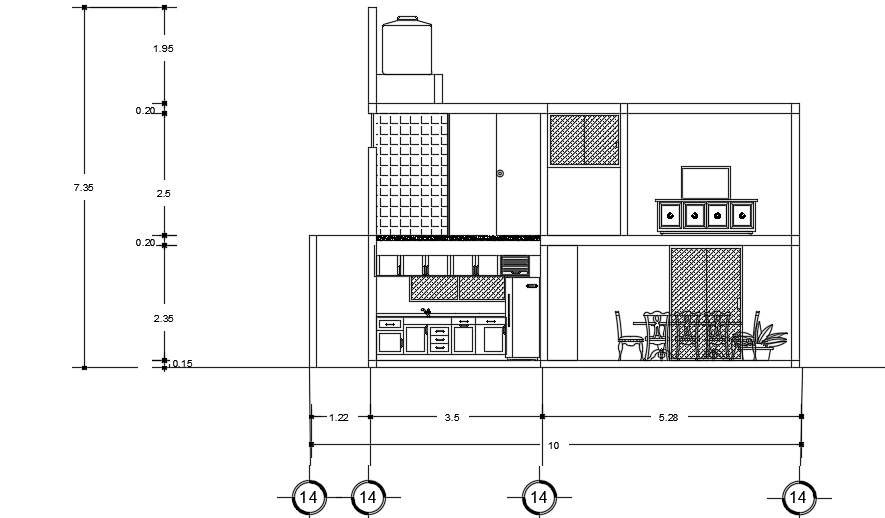 The back side section view of the 10x15m architecture two story house building