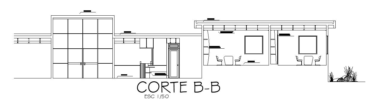 The back side section view of the 126x54m hotel plan of the 22x13m admin office is given in this AutoCAD drawing model. Download now.