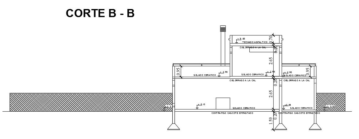The back side section view of the 12x10m house building CAD drawing
