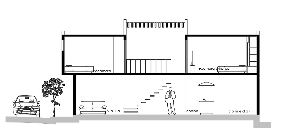 The back side section view of the 12x5m two story house building AutoCAD