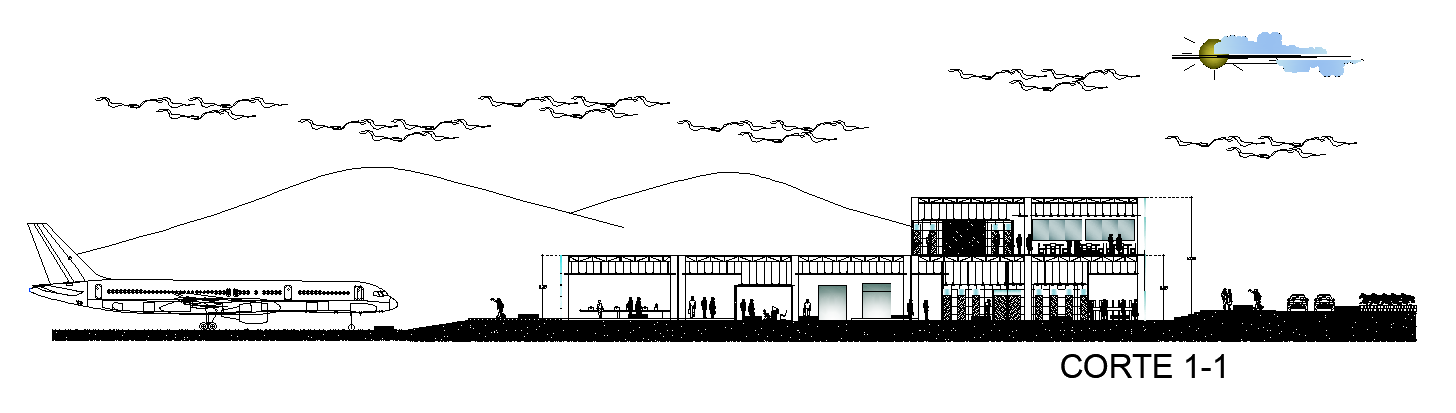 The back side section view of the 200x76m airport building is given in this AutoCAD drawing model. Download now.