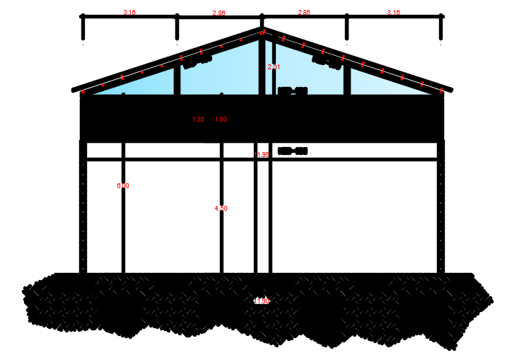 The back side section view of the 20x12m house building CAD drawing