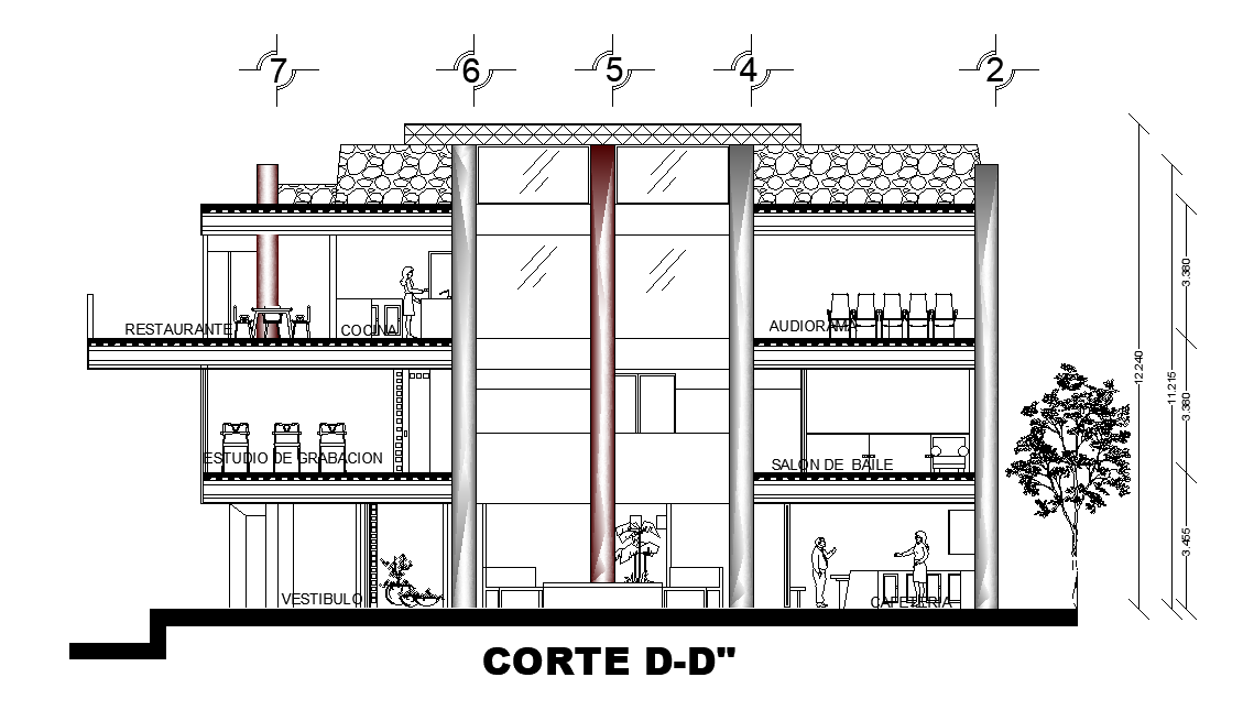 The back side section view of the 20x18m club house building is given in this AutoCAD drawing model.