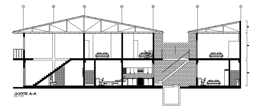 The back side section view of the 25x6m house building