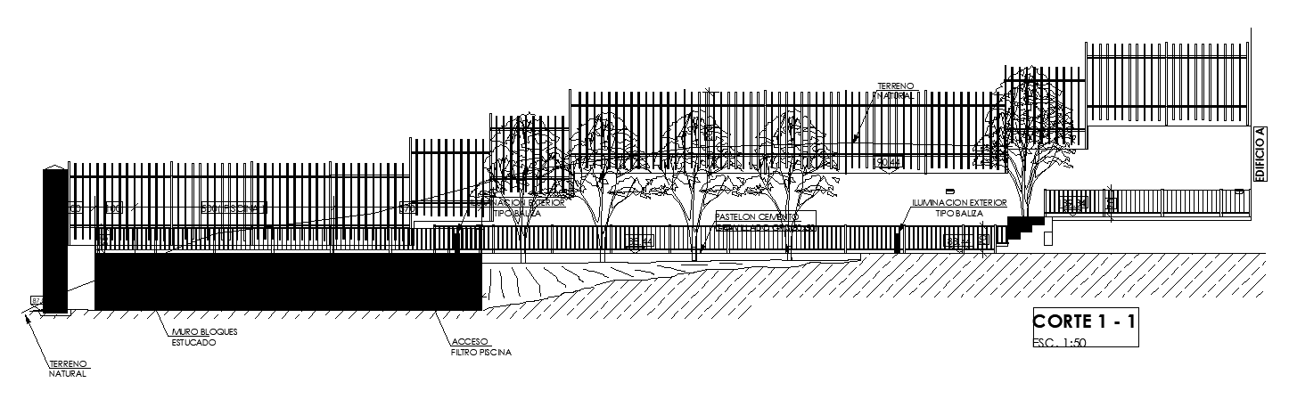 The back side section view of the 35x11m swimming pool is given in this AutoCAD drawing model. Download now.