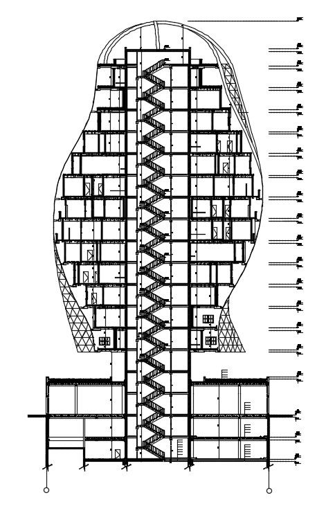 The back side section view of the 38x38m small commercial building is given in this AutoCAD drawing model.