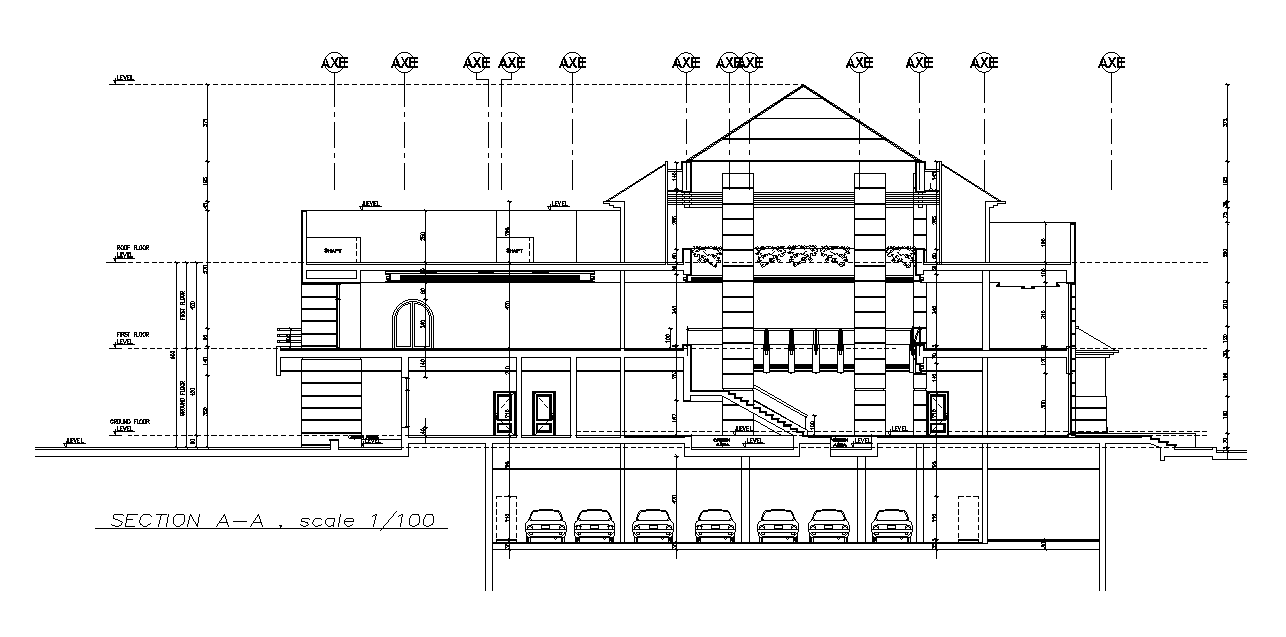 The back side section view of the 52x37m commercial building is given in this AutoCAD drawing model. Download now.