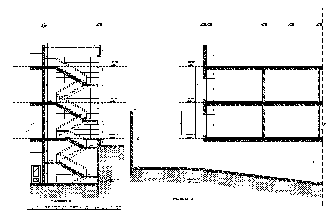 The back side section view of the 52x37m commercial building is given in this AutoCAD drawing model.