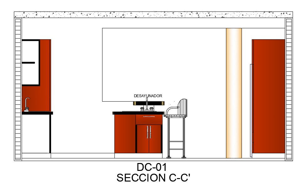The back side section view of the 5.4x4m kitchen is given in this AutoCAD drawing model. Download now.