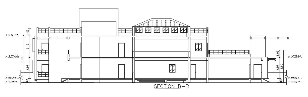 The back side section view of the 57x23m luxury villa building is given in this AutoCAD drawing model. Download now.