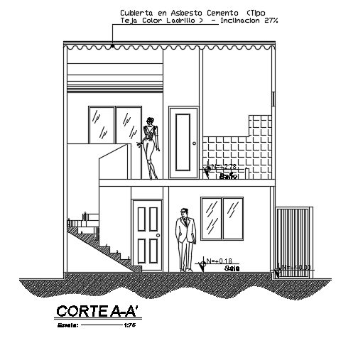 The back side section view of the 6x11m 3bhk house building