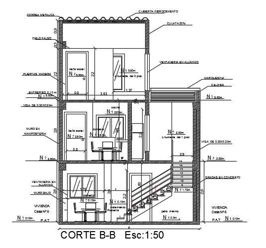 The back side section view of the 6x14m two story house building AutoCAD drawing