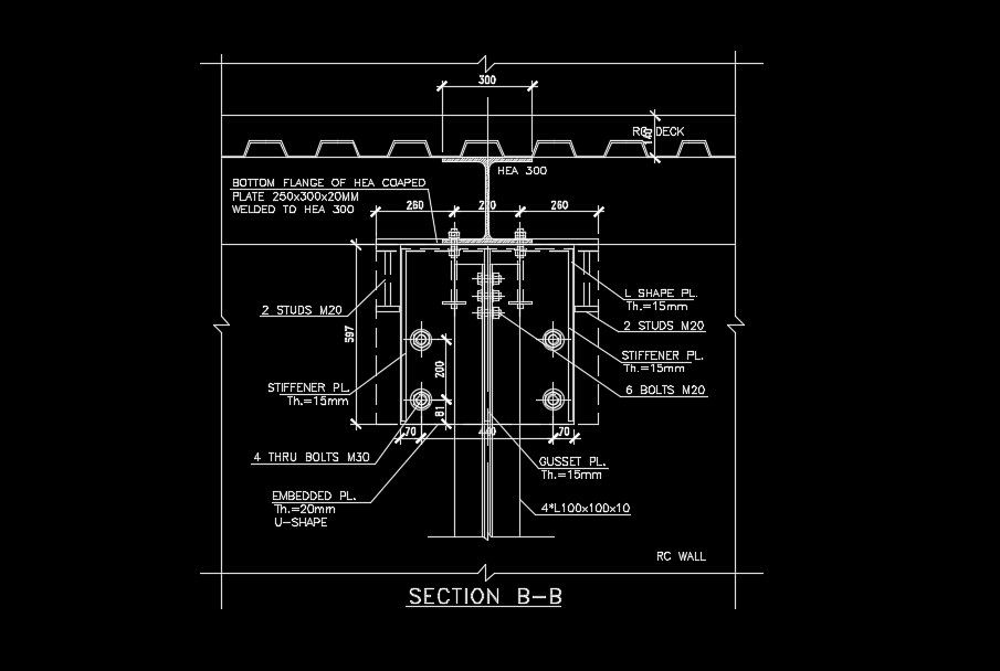 The back side section view of the anchor bolt and flange connection details