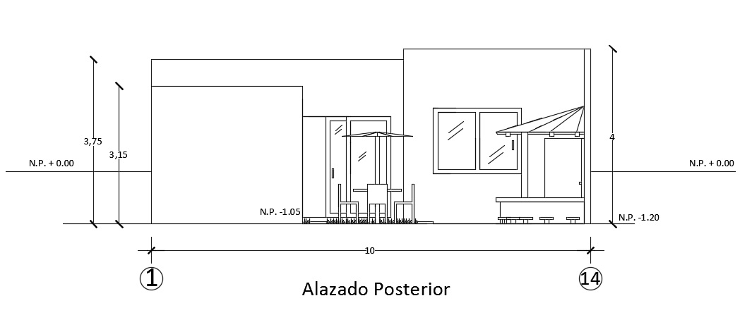 The back side view of the 10x25m single story villa building AutoCAD model