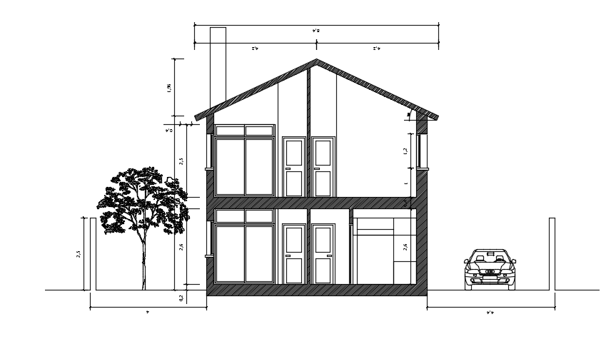 The back side view of the 14x16m two story duplex house building AutoCAD model