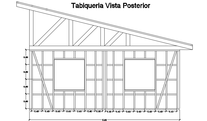The back side view partition of the 6x7m two story house building cad drawing