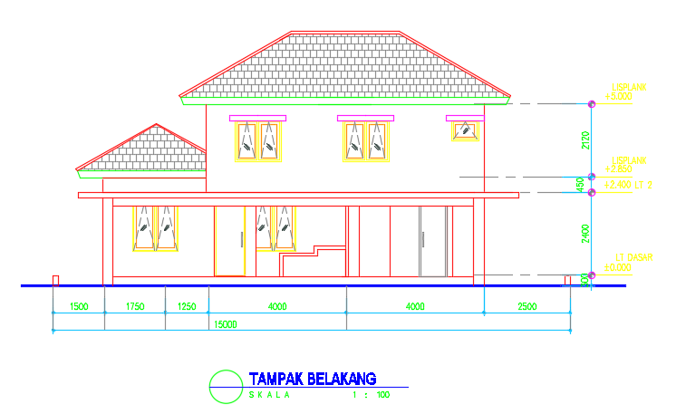 The back view elevation of the 15x20m house building CAD drawing