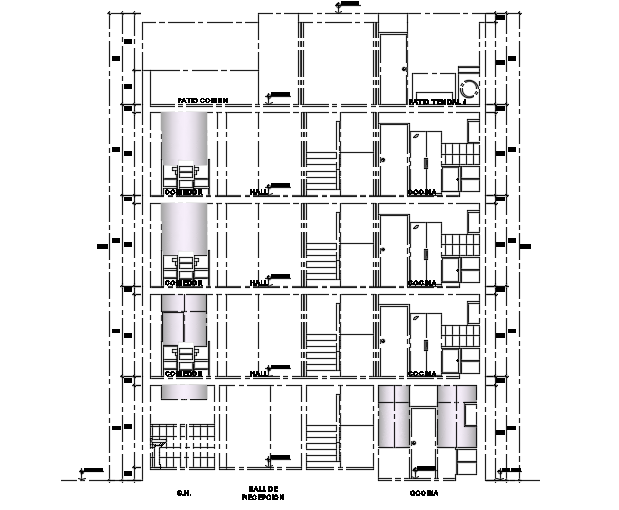 The back view of the 10x23m multifamily house building AutoCAD model