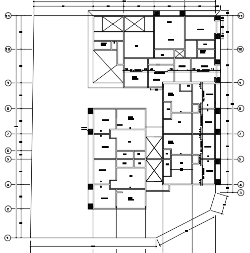 The beam and column layout of the 30x36m architecture multifamily apartment roof plan