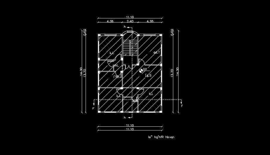 The beam cum column layout of the 14x14m house plan
