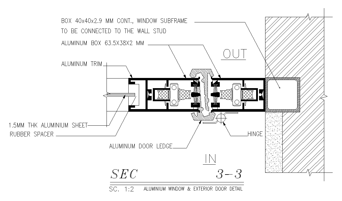 The bottom section view of the 100x210cm door is given in this AutoCAD drawing model. Download now.
