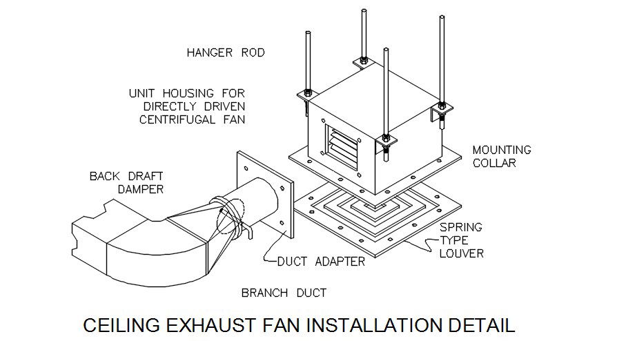The ceiling exhaust fan installation detail drawing stated in this AutoCAD file. Download this 2d AutoCAD drawing file.