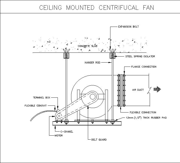 The ceiling-mounted centrifugal fan section details are given in this 2D AutoCAD DWG file. Download the 2D AutoCAD DWG