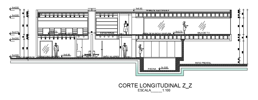 The center cut section view of the 40x18m villa building drawing