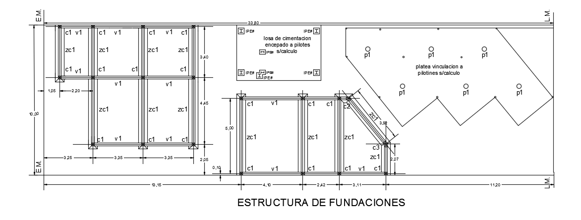 The column and foundation layout of the 34x10m house plan AutoCAD drawing
