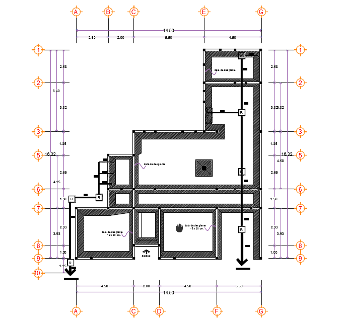 The column cum foundation layout of the 15x16m house plan