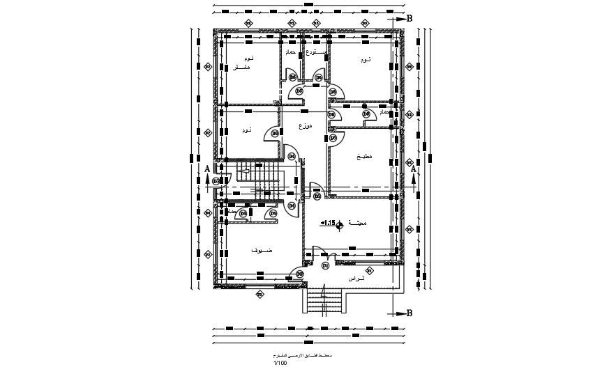 The column layout of the 12x17m 3bhk house plan drawing