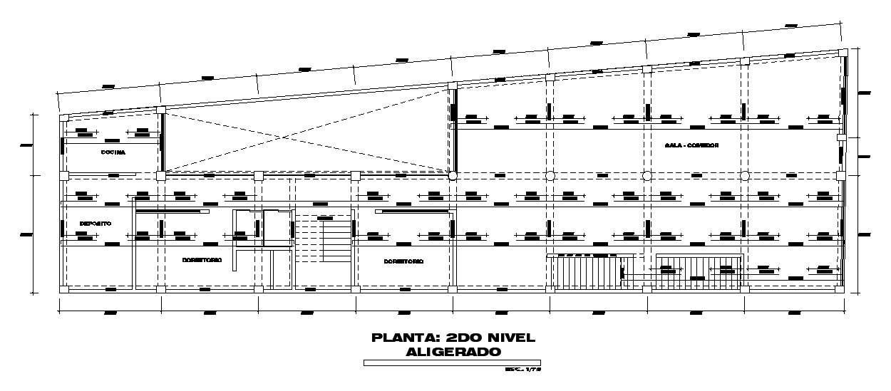 The column layout of the 34x10m second floor house plan is given in this AutoCAD drawing model.