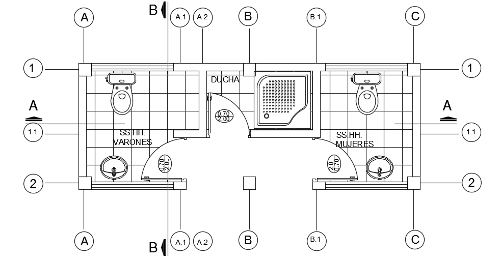 The column layout of the 5400x2000mm toilet plan AutoCAD drawing