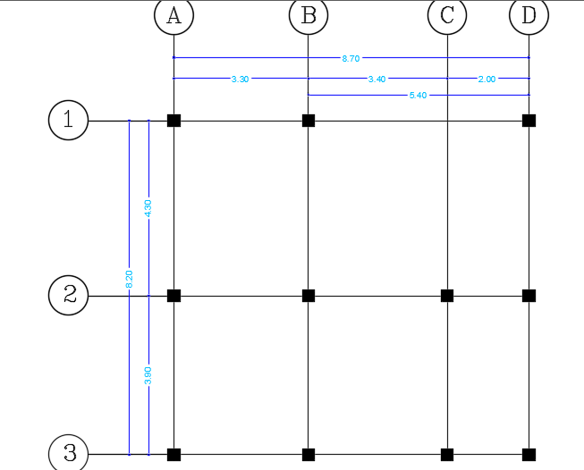 The column layout of the 9x8m house plan AutoCAD drawing