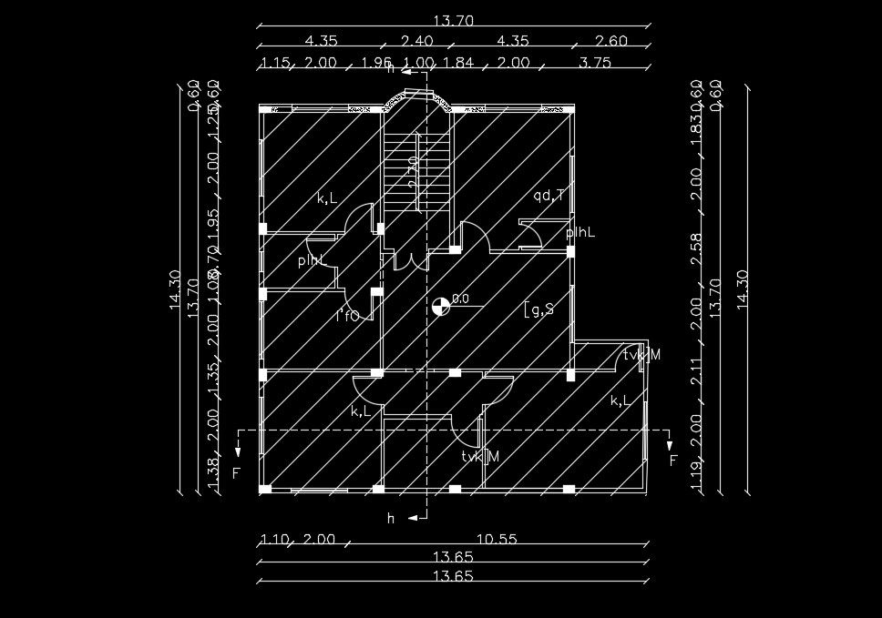 The column location detail of the 14x14m house plan